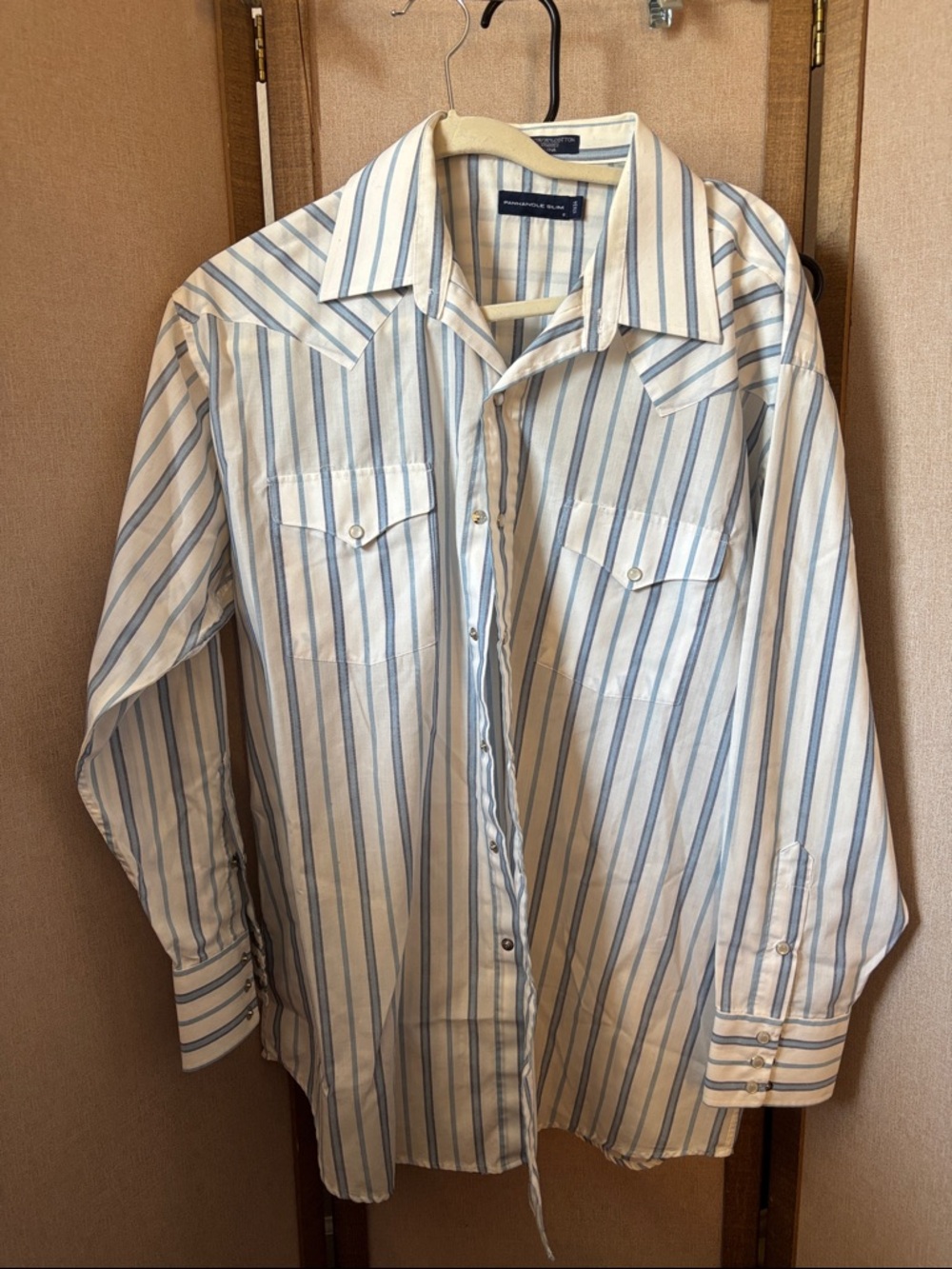 Panhandle Slim Light Blue & White Striped Casual Snap Front Shirt 17 x 34